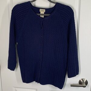 LLBean navy blue combed cotton cable knit button front cardigan size medium